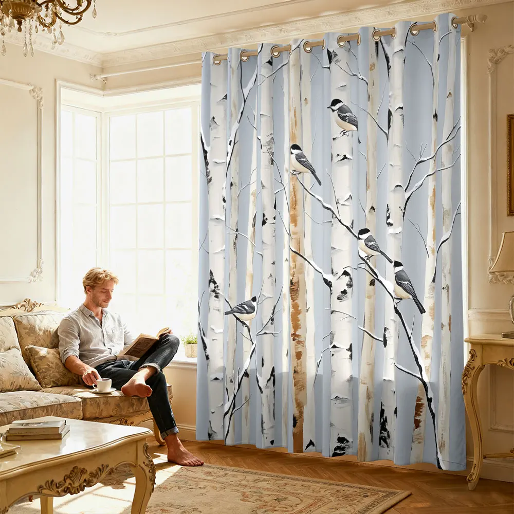 1pc birch forest titmouse print single-loop curtain single-loop curtain living room  bedroom door  home decoration view 4