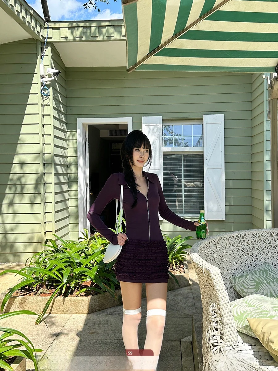 

Elegant Long Sleeve Zipper Collar Dress Slimming Waist Design Purple Color with Wood Grain Short Skirt for Young Women