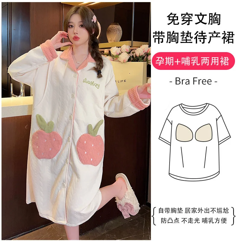 Cartoon Winter Cotton Padded Maternity Nursing Nightdress Loose Night Dress Clothes Women Pregnancy Home Dress