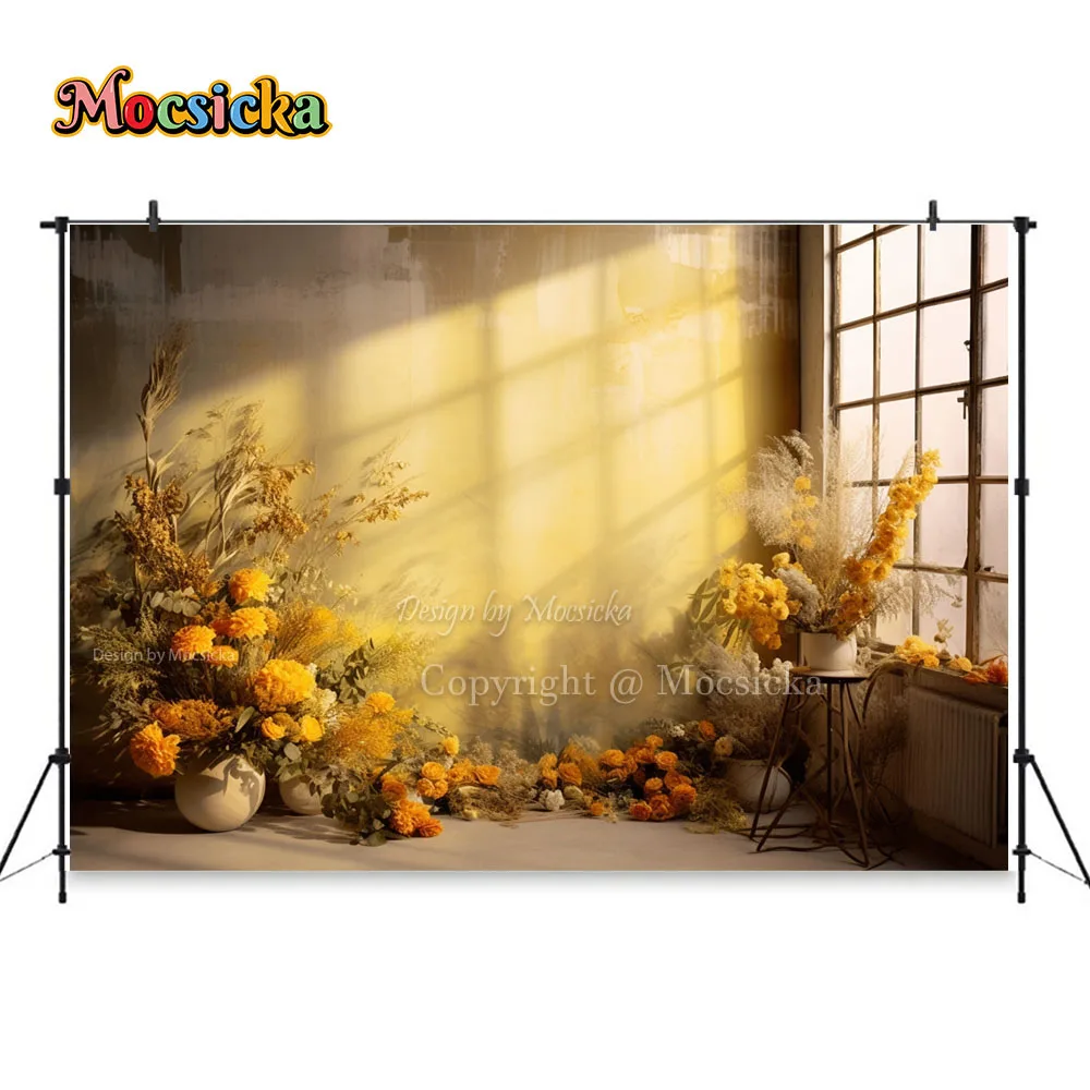 Mocsicka Spring Interior Garden Background Sunlight Window Yellow Flower Decor Kid Art Retro Portrait Backdrop Photo Studio Prop