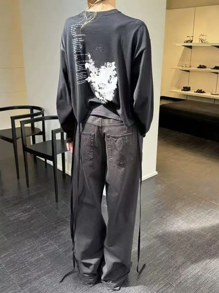 Ann 26ss floral print streamer short wide long sleeve T-shirt