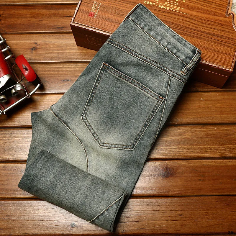 Jeans vintage de motocicleta lavado masculino, slim fit, calça comprida, stretch, casual, moda de rua