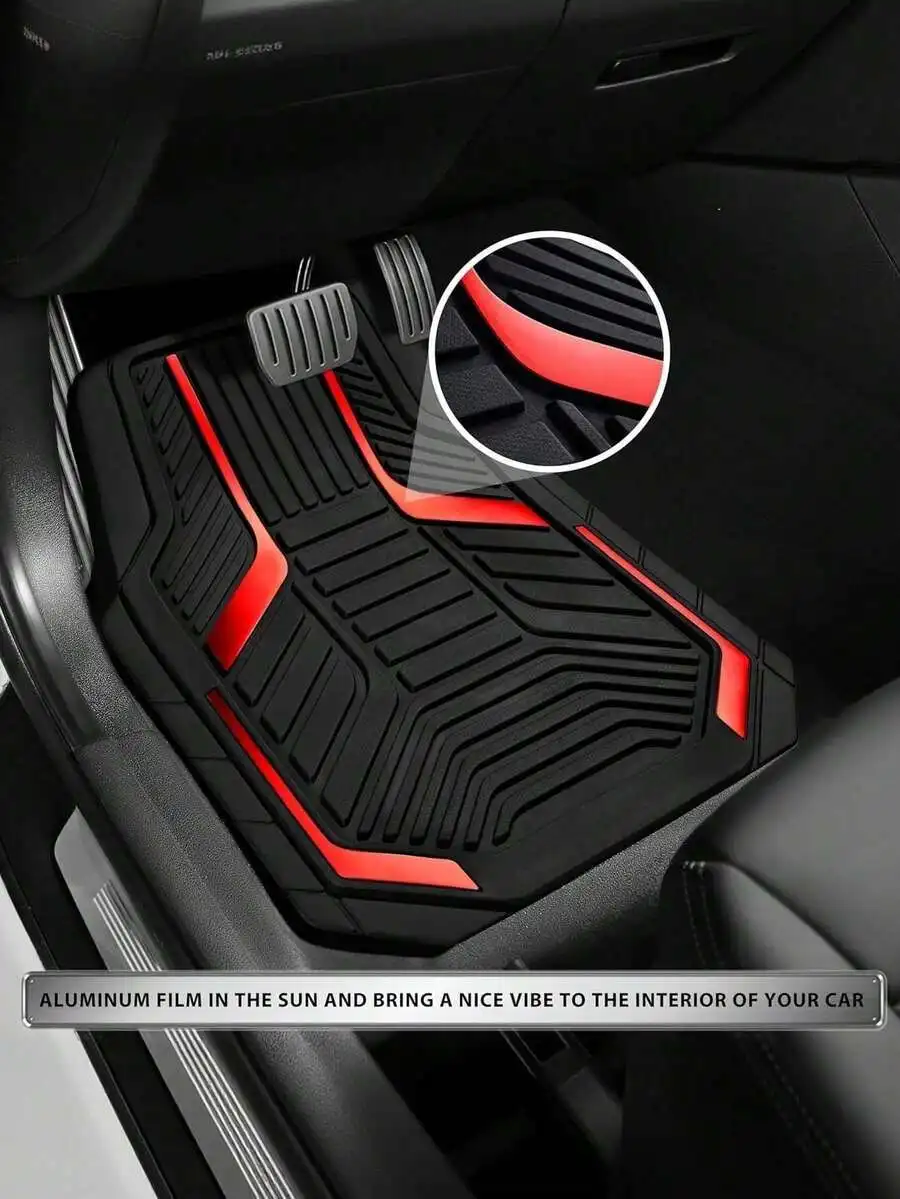 4pcs Universal All-Weather Car Floor Mats Set, Red & Black Geometric Pattern Non-Slip Rubber Floor Mats, Full Coverage Front &