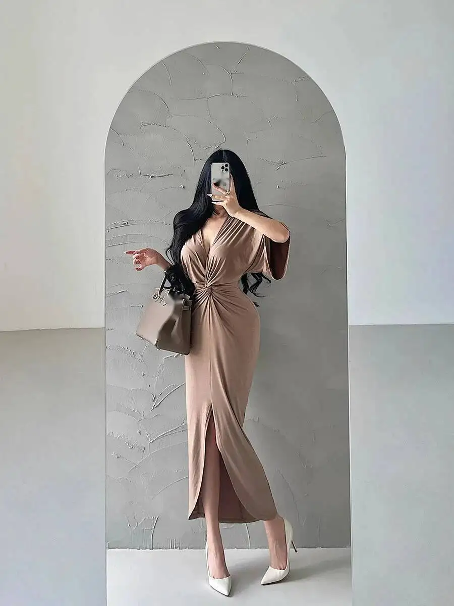 الخريف فضفاض فستان طويل غير رسمي الخامس الرقبة الملتوية حزام الخصر سبليت فستان أنيق برتقالي وردي فساتين ضئيلة المرأة 2024 جديد أعلى 07PM