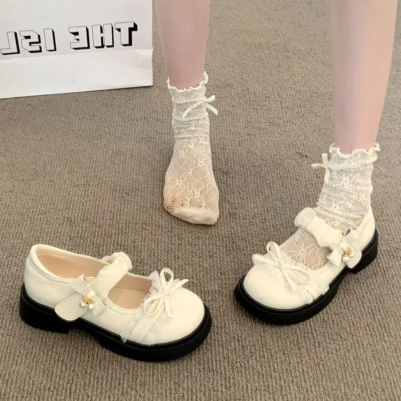 Mumoresip Girls Princess Dress Mary Jane Shoes Sweet Bow Pearl Children Leather Shoes Thick Bottom Kids Perform Shoes Non-slip