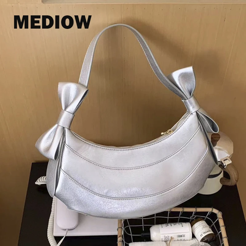 

MEDIOW Korean Casual Half Moon Bags For Women Luxury Designer Handbag Purse 2024 New In PU Spliced ​​Bow Small Underarm Shoulder