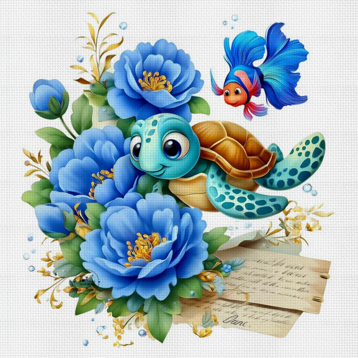 Schildkröte unter Blumen Kreuzstich-Set DIY 11CT Stickerei Heimwanddekoration Geschenk Handgefertigtes Material Rahmenlos Halbfertig 36×36cm