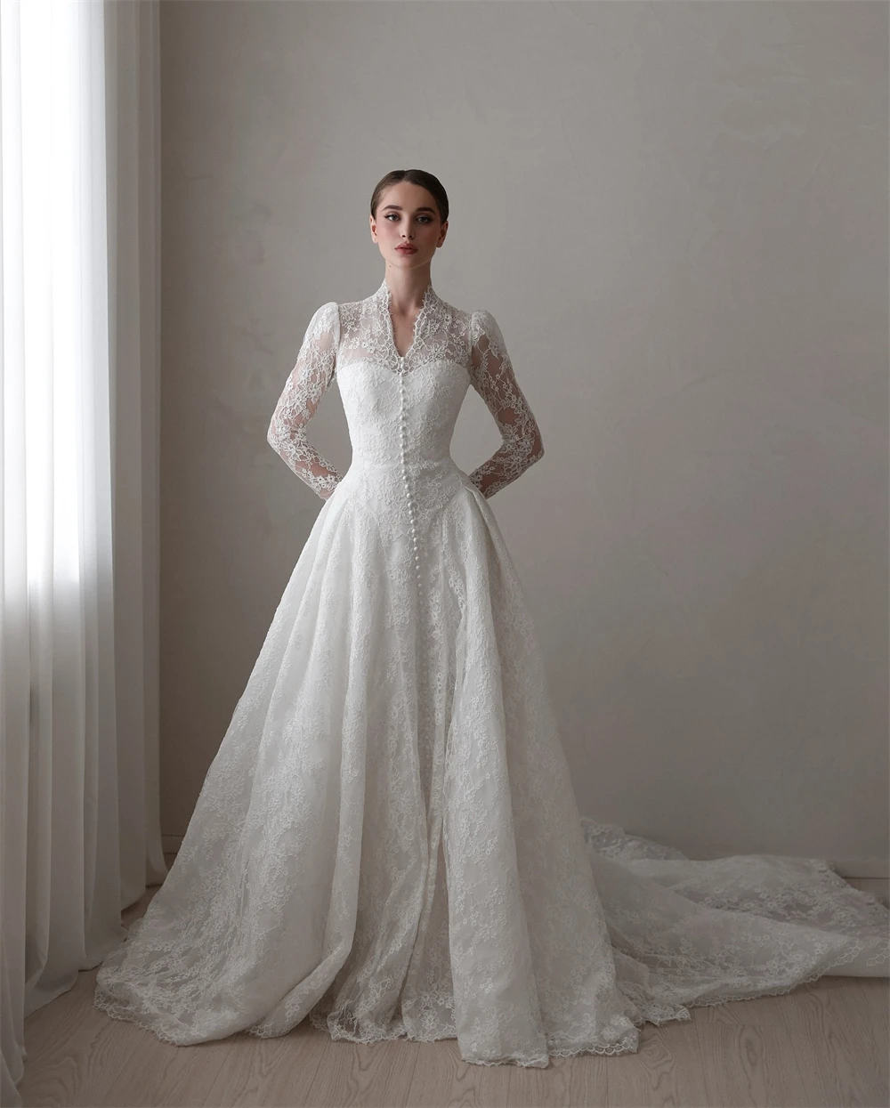 

Customized Boho White Lace Wedding Dress Formal V-neck Long Sleeves Bridal Gowns Dreamy A-Line Chapel Train Vestido De Novia