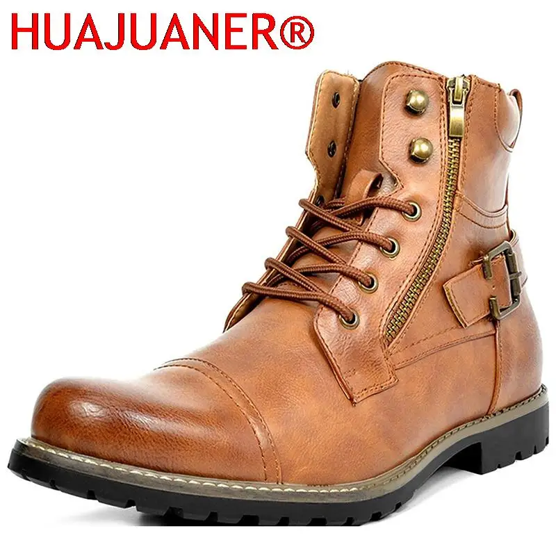 Men Motorcycle Boots Leather Wear-Resistant Waterproof Flat Zipper High-Top Ankle Shoes Fashion Outdoor Male Winter Hiking Shoes