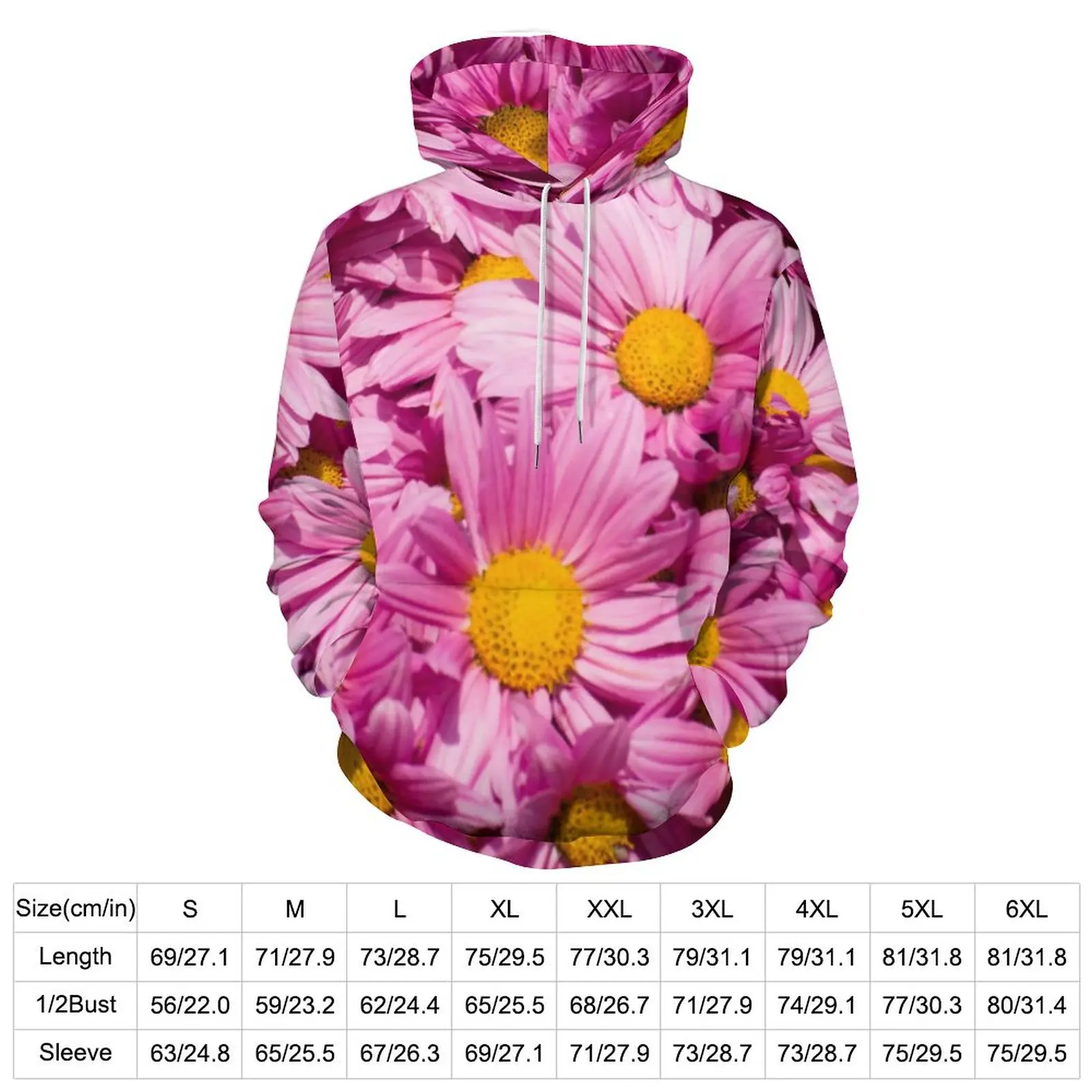 Pink Daisy Print Casual Hoodies Beauty Floral Graphic Loose Hoodie Autumn Long-Sleeve Harajuku Oversized Hooded Sweatshirts