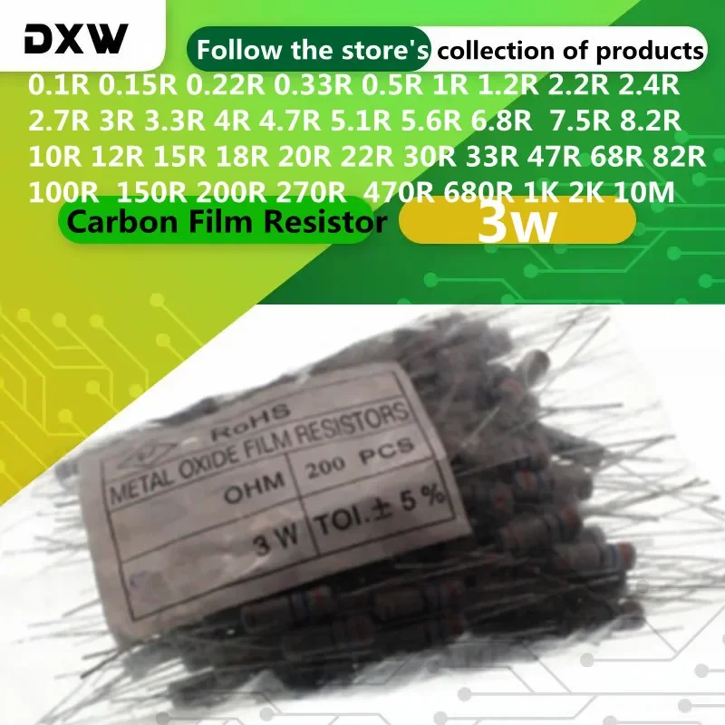 

50 шт. 3 Вт резистор из углеродной пленки 0,1 ~ 10 м 0,1R 1R 2R 4,7R 8,2R 10R 33R 47R 68R 100R 360R 470R 1K 2,2K 10K 22K 4K7 47K 100K 150k
