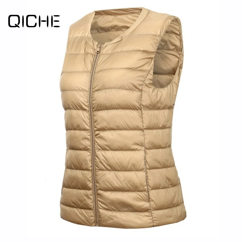QICHE Women Autumn Winter Lightweight Down Vest Collarless Plus‑Size Short Waistcoat Inner Layering