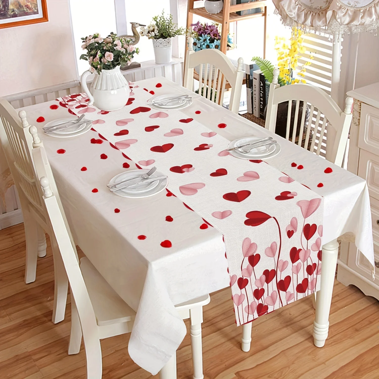 Pink Heart Vine Table Runner 2D Flat Print Romantic Home Decor Dining Table Accessory Stylish Functional Lively Valentine-Themed