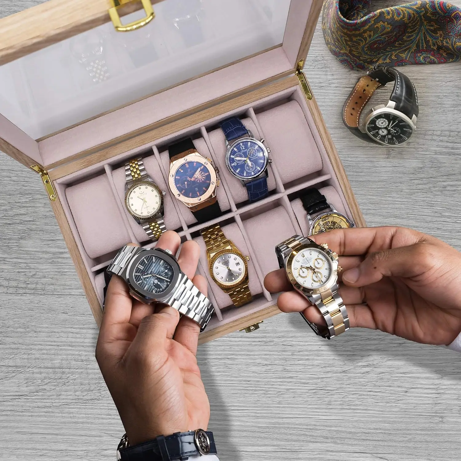 Personalized Engraved Watch Box for Men - Custom Wooden Gift with Glass Top, Holds 10 Watches