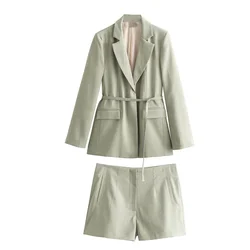 2024 Zarb Spring/Summer New Women's European and American Commuting Style Thin Belt Suit Coat High Waist Casual Shorts Set