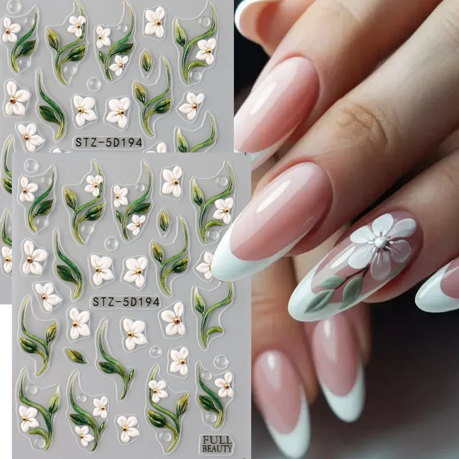 Weiße Blumen-Nagelaufkleber mit geprägten Blumenmustern und grünen Blättern, Nagelaufkleber für die Sommer-Nageldekoration zum Selbermachen