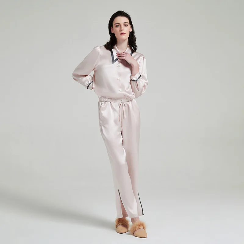 Contrast Color Silk Pajamas Set Long-sleeved Trousers Sleepwear Women's Waist Pajamas Suit Luxury Office Lady Silk Shirt Pants