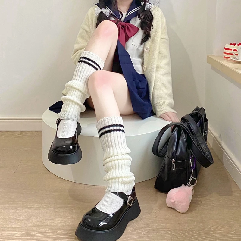 Women Student Double Striped Knit Leg Warmers Uniform Ribbed Boot Socks