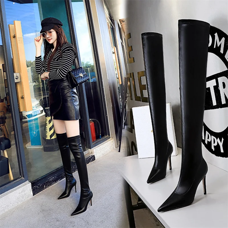 

CINESSD Stiletto Sexy Over-the-Knee Boots Black Leather Boots Sexy Thin High Heel Boots Winter Long Boots