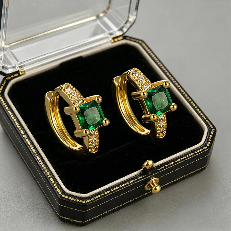 925 Silver Needle Square Emerald 14K Gold  Plated Hoop Earrings Women Wedding Cute fashion jewelry Luxury Accessories Wholesale