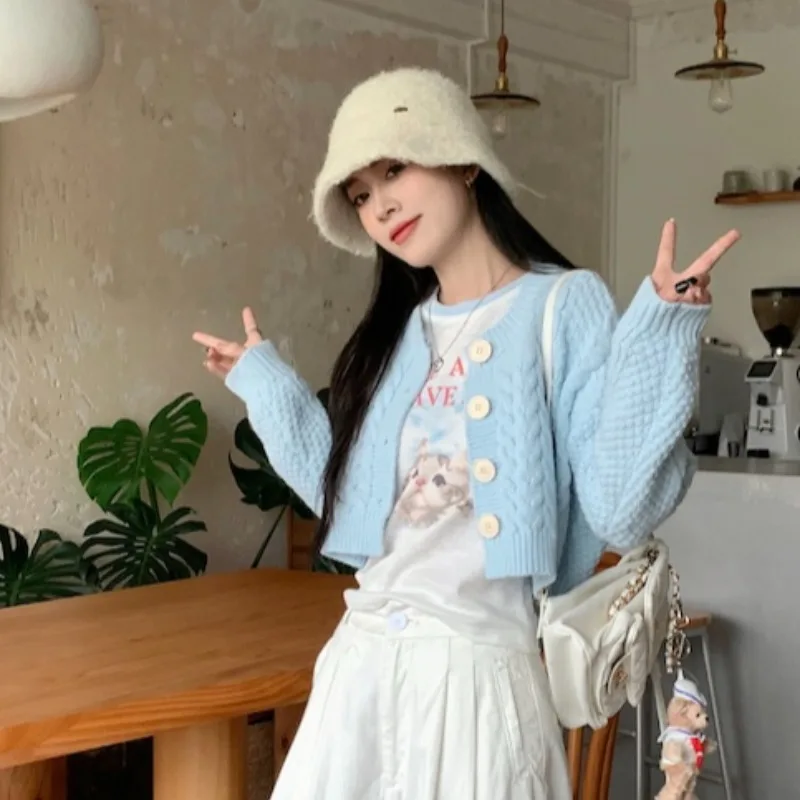 الأزرق محبوك سترة سترة المرأة فضفاضة ضئيلة ort Sve طويلة Sve أعلى الخريف الشتاء جديد Sle ملابس خارجية الحلو Sle