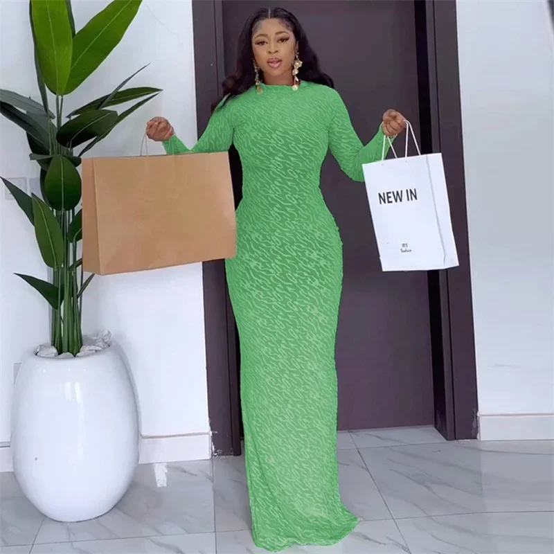 섹시한 긴팔 시어링 바디콘 맥시 드레스 여성 우아한 나이트 클럽 파티 시스루 스트레치 프롬 롱 드레스 로브 롱
