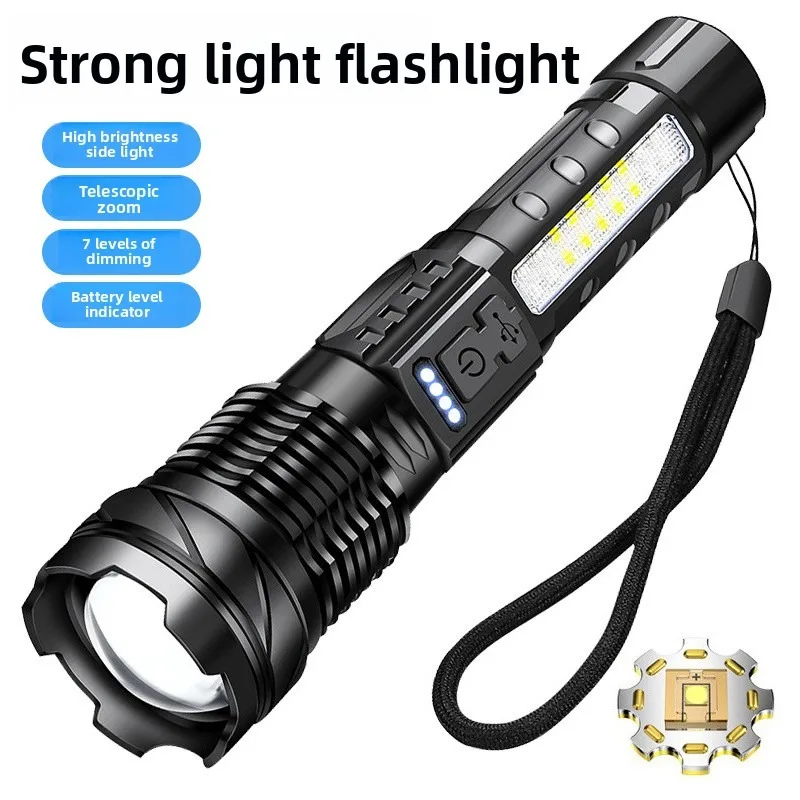 Rechargeable P50 Tactical Flashlight: White Laser, COB Side Light, Zoom Searchlight, Digital Display, Portable Outdoor Patrol