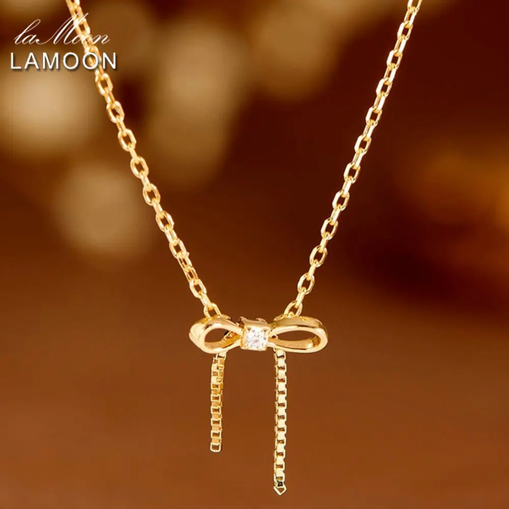 

LAMOON INS Gold Color Bow Necklace For Women Exquisite Elegant 925 Sterling Silver Gold Vermeil Birthday Fine Jewelry Gift