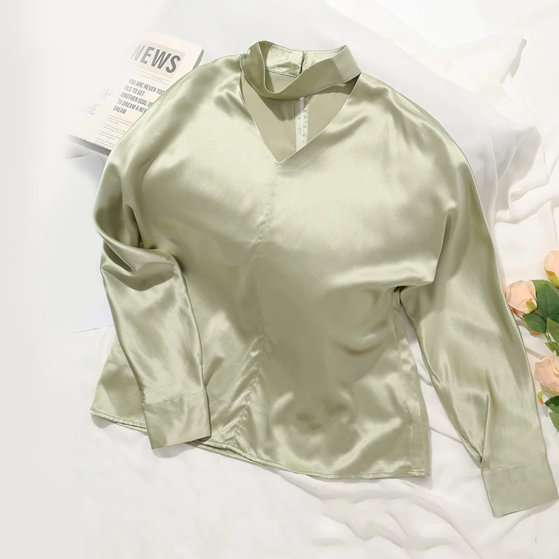 100% Mulberry Silk Blouse Women Long Sleeve V-Neck Shirt Summer Elegant Office Lady Top Luxury Satin Workwear