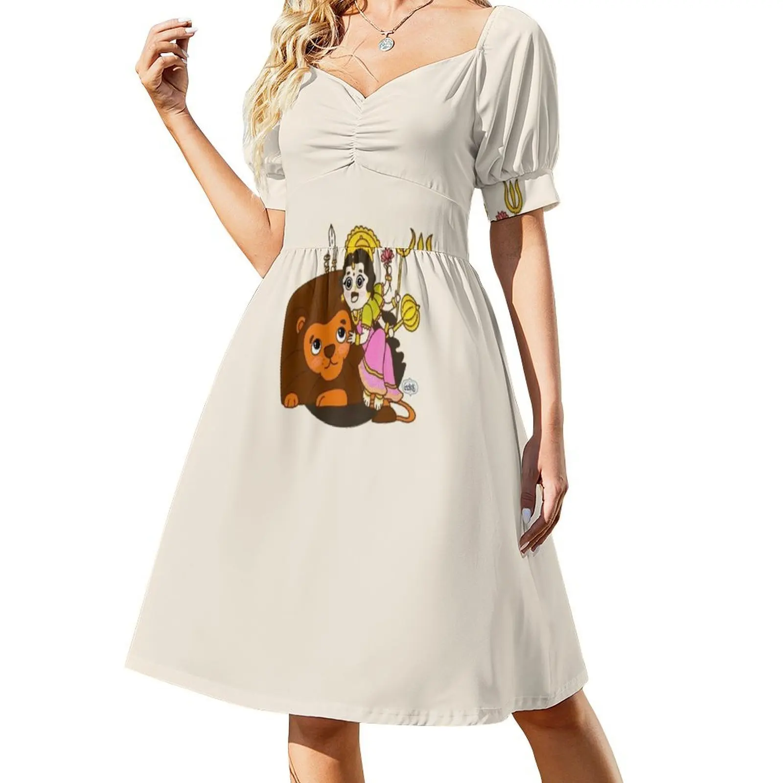 آلهة دورانجا مع الأسد الهندوسية-الآلهة الهندية البوهيمية بلا أكمام فستان متعدد الطباعة عطلة الشاطئ فستان الحفلات الآلهة الهندوسية #2