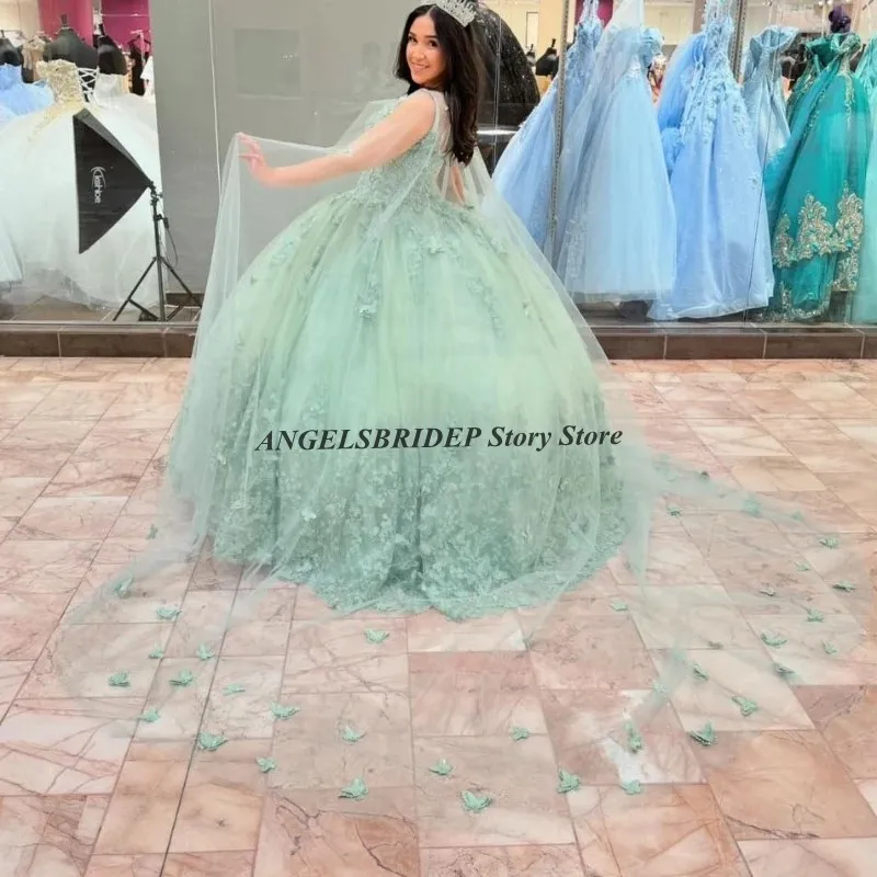 ANGELSBRIDEP Mint Green Quinceanera Dresses With Cloak 3D Butterfly Lace Appliques Tulle Birthday Party Prom Vestidos De 15 Anos