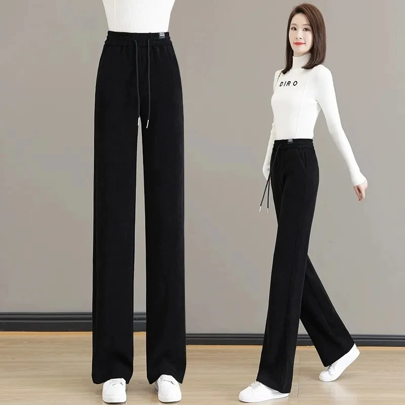 Womens Plush Thicken Sweatpant 2024 Winter Drawstring Waist Straight Loose Wide-leg Trousers Comfort Soft Casual Pants