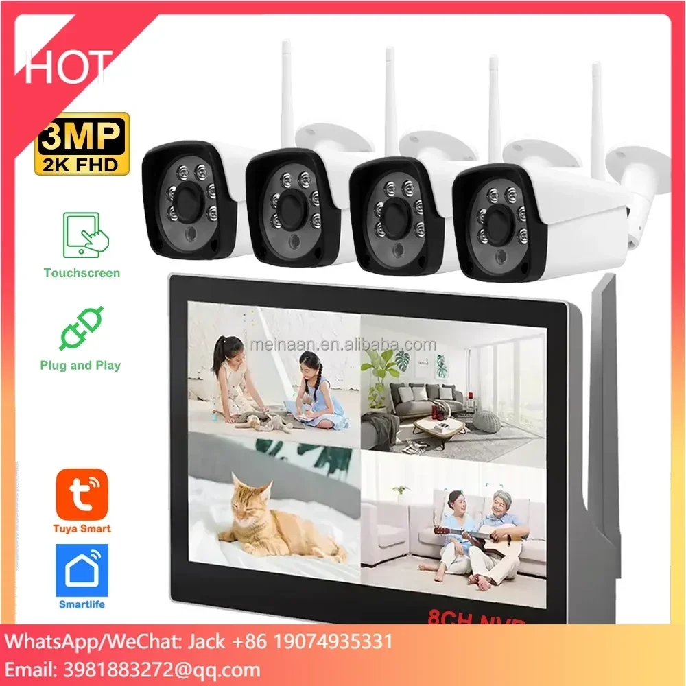 4CH 3MP Wireless WiFi Touchscreen LCD NVR Sistema di telecamere di sorveglianza Sistema di telecamere CCTV di sicurezza wireless Tuya Smartlife esterno