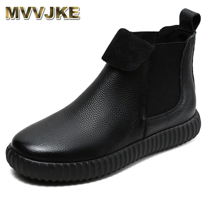 

Fashion Women Boots Autumn Winter Flat Elastic Band Slip On Chelsea Boots Ladies Genuine Leather Short Ankle Boots Black