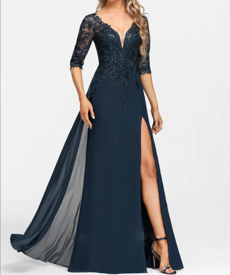 

Sparkly Mother of The Bride Dresses for Wedding Lace Applique Chiffon Side Slit 1/2 Sleeve Long Formal Dress for Women