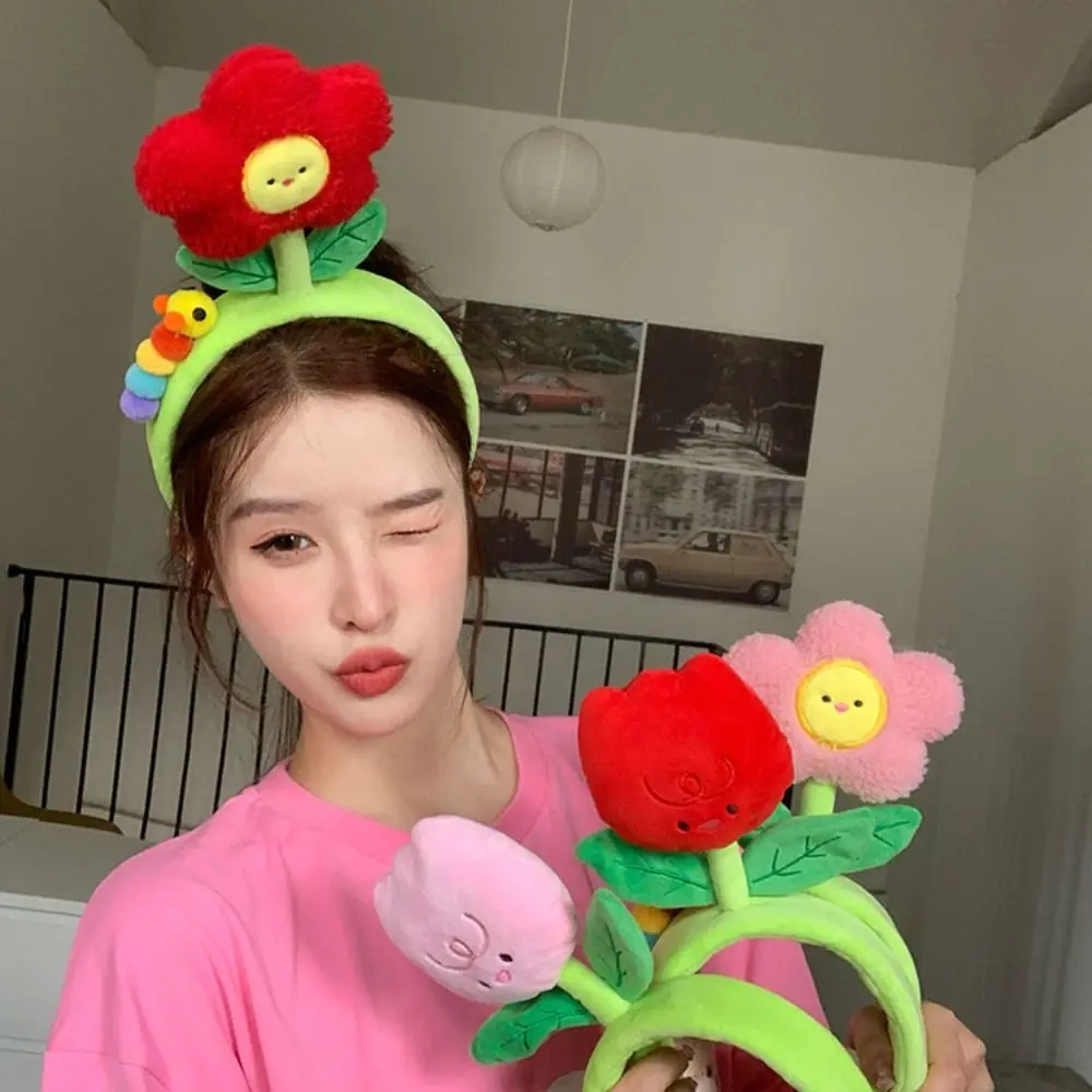 Creative Plush Cloth Color Tulip Flower Caterpillar Hairbands For Girl Woman Cute Cartoon Wash Face Make Up Headband