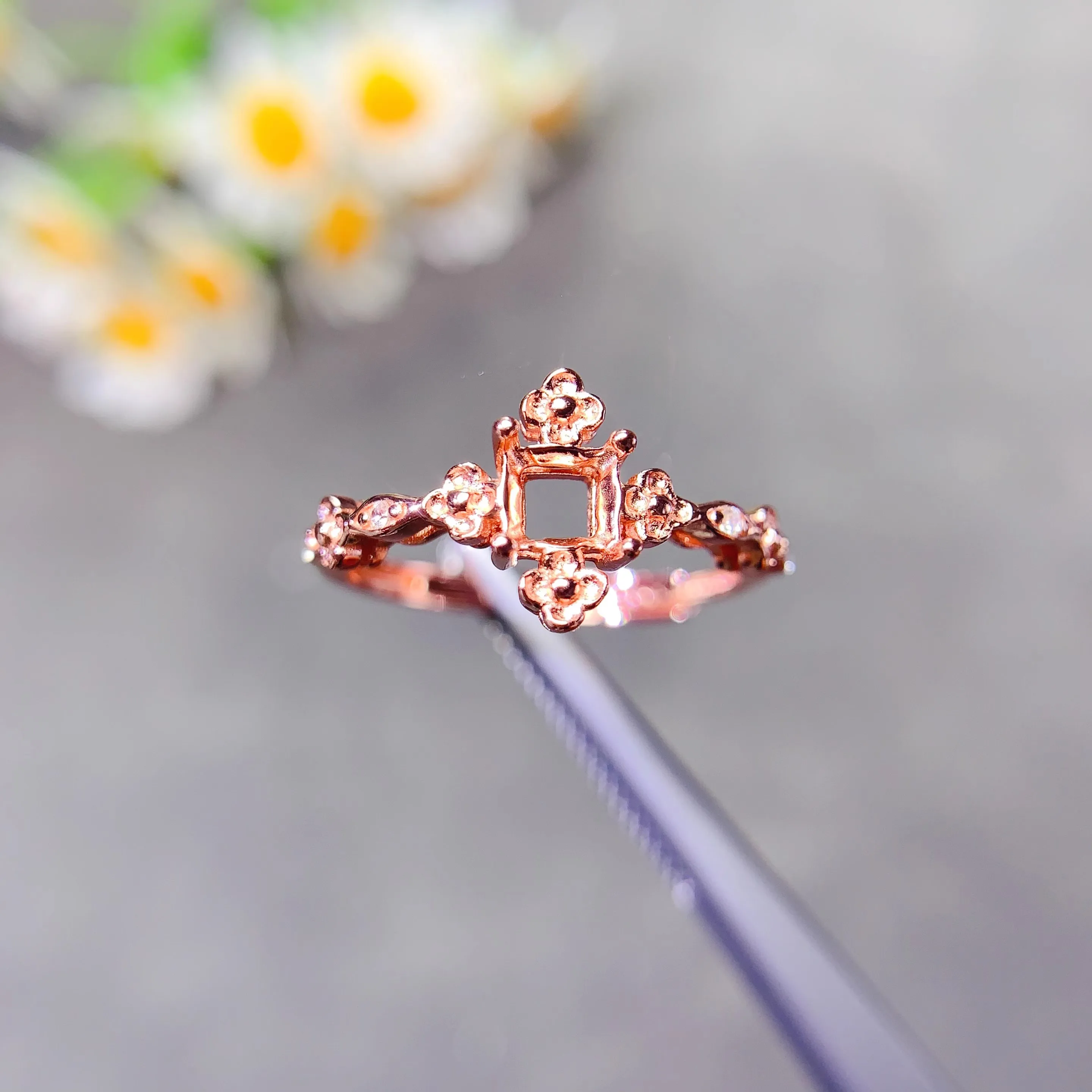 Setting 4/5mm Square Stone S925 Sterling Silver Empty Holder DIY Ring Fine Weddings Simple Flower Design Charm Jewelry for Woman