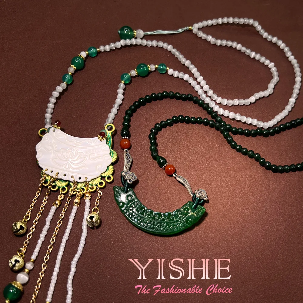 

Элитная цепочка для свитера и цепочка на ключицы в стиле гофэн, с агатом Шелл, агатом Наньхун, нефритом и синими элементами, в дворцовом стиле, в новом китайском стиле, для ципао.