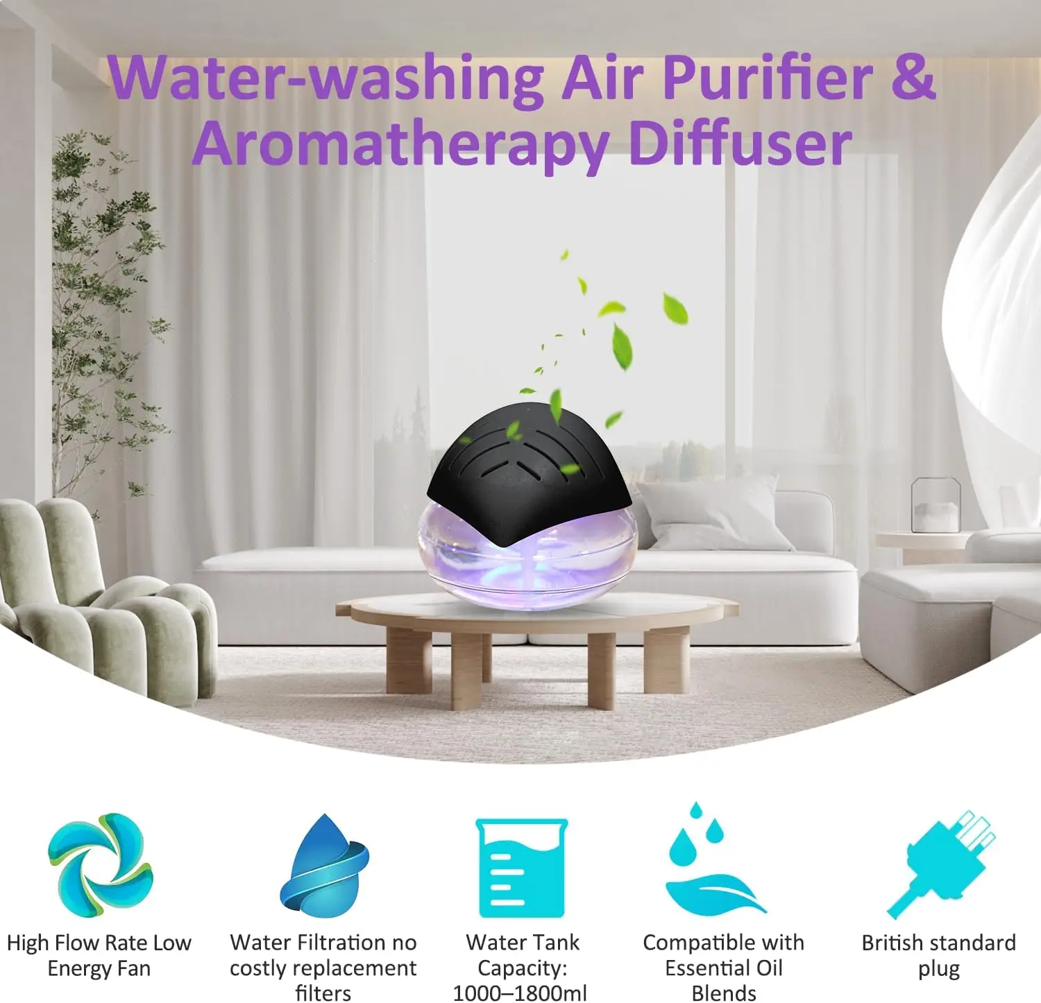 Luftreiniger für Zuhause mit Wasserspülung ohne HEPA-Filter, tragbarer Mini-Luftreiniger, Aromadiffusor für Zuhause, Luftbefeuchter, Luftreiniger – Detail 2