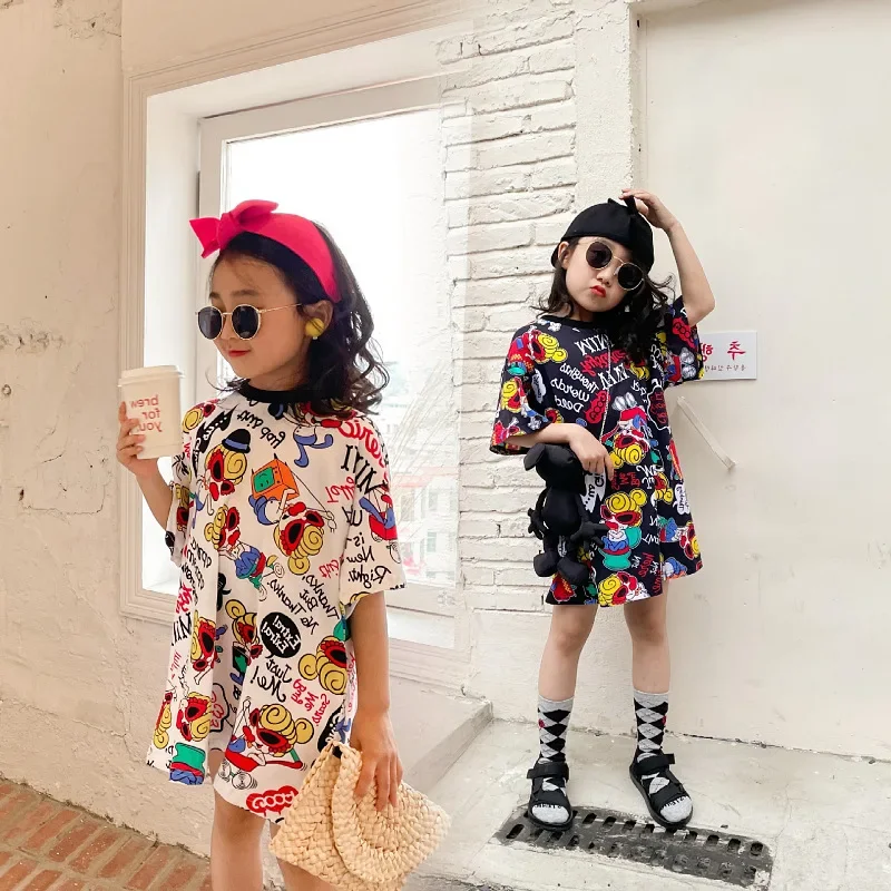 2024 Summer Girls Long T-shirt Medium Long Sleeved Fashionable Contrasting Color Dress Children\'s Casual Dress  Kids Clothes