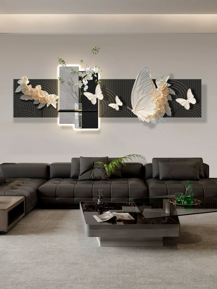 Vase green plant living room decorative painting light luxury high sense sofa background wall hanging butterfly new mural lamp
