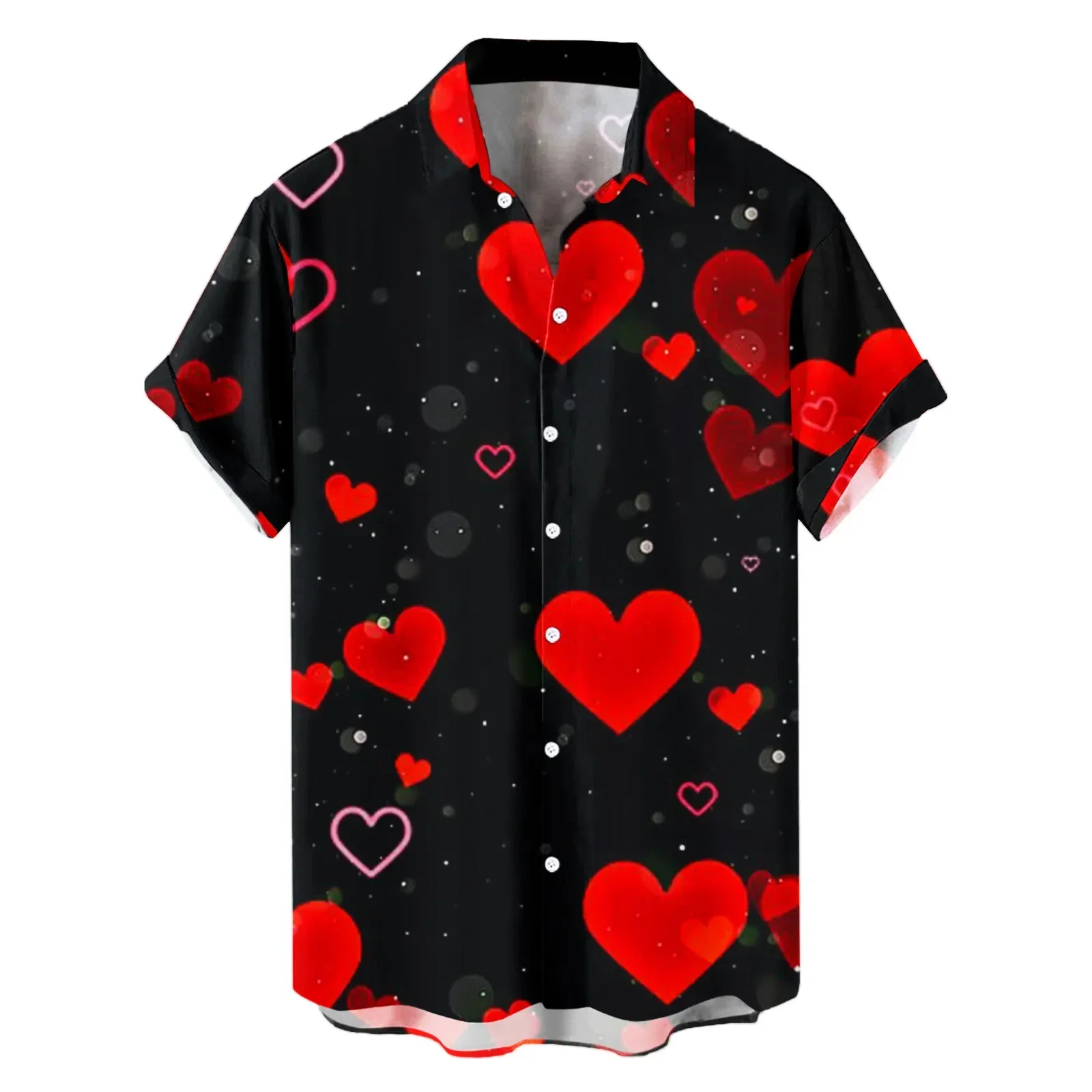 Heart Love baju blus motif polkadot pria, Atasan musim panas lengan pendek berkancing putih, baju pesta sosial Hari Valentine untuk pria