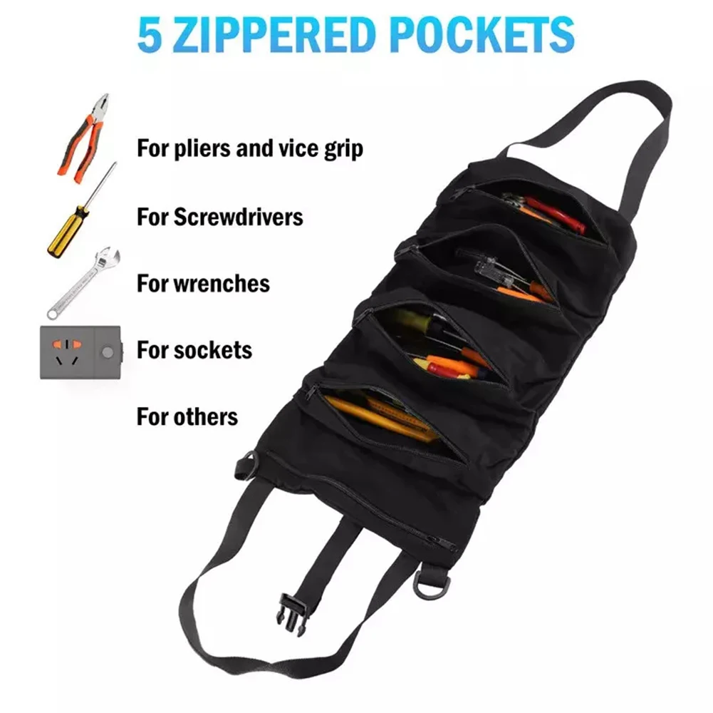 Multi-Purpose Tool Roll Up Bag Wrench Pouch Canvas Hanging Organizer W/ 5 Pocket Portable Small Tools Organizer Bag