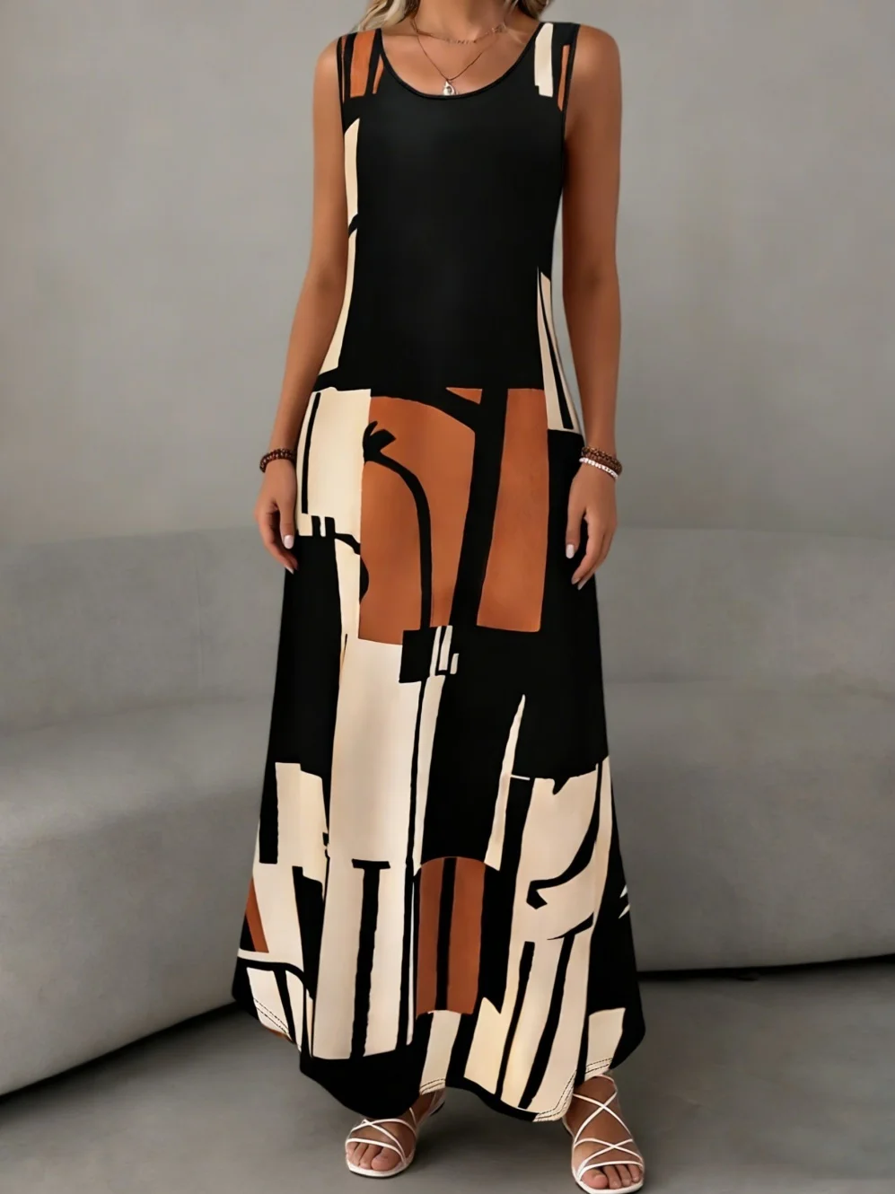 Damen-Sommerkleid, einfaches Gittermuster-Design, modisches Rundhals-Design, Damenkleidung, lässig, cool, sexy, ärmellose Kleider für Damen – Detail 3