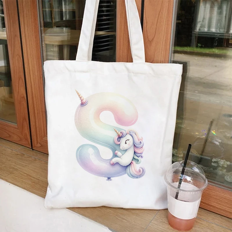 Unicorn Graphic 26 Alphabet Canvas Shoulder Bag donna A-Z lettere Shopping Bag Vintage Fashion Casual Teenager Tote Commuter Bag