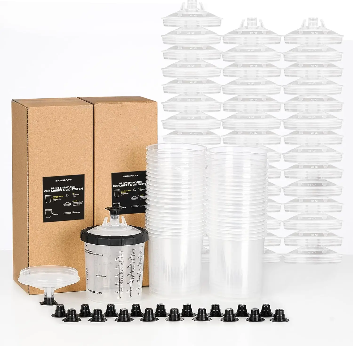 

Комплект чашек для одноразового пистолета-распылителя, 22 унций HVLP/LVLP, совместимый с 45 вкладышами и крышками, система легкого смешивания и не требующего очистки.