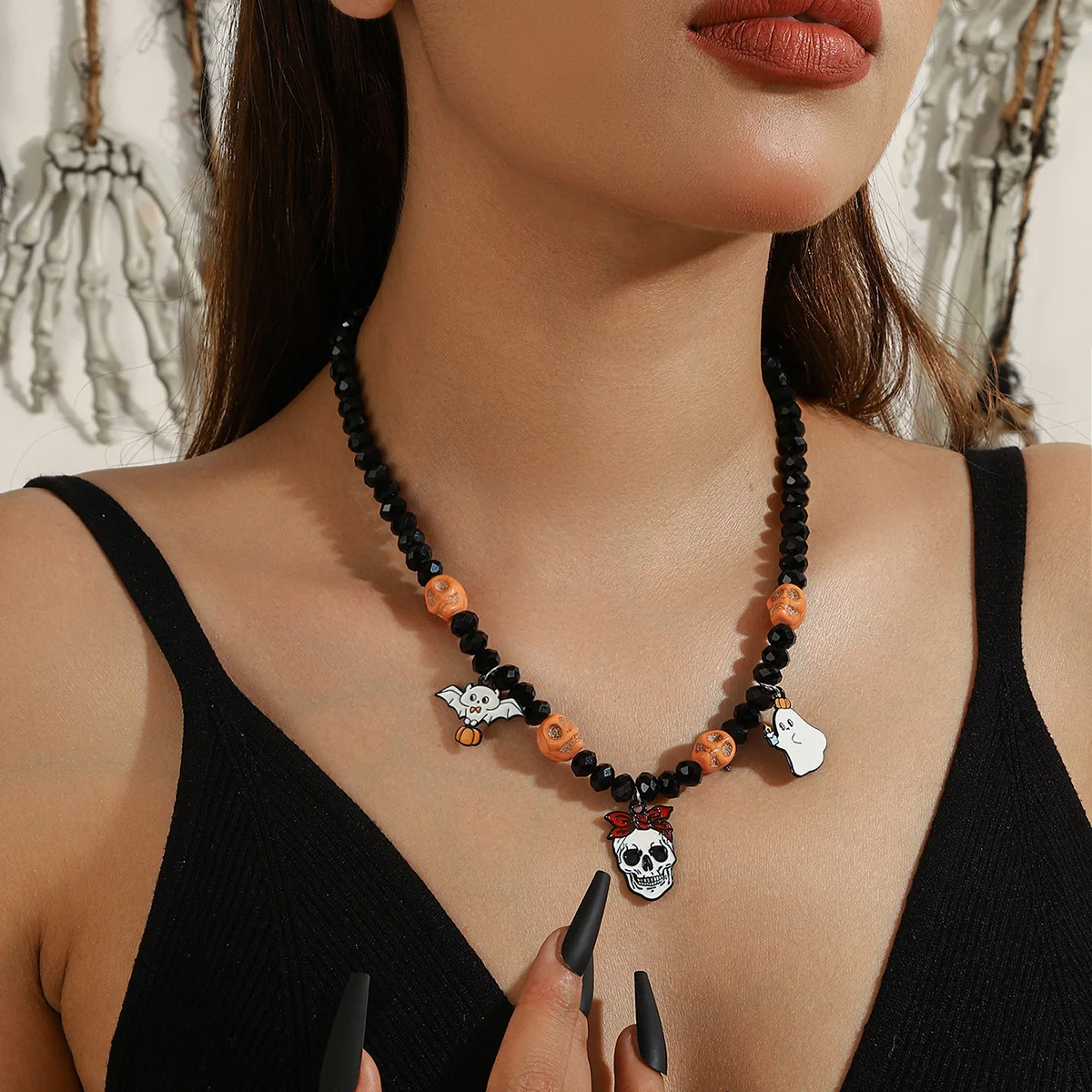 Unisex Gothic Punk Halloween Colorful Beads Necklace Vintage Pumpkin Ghost Bat Skull Metal Clavicle Choker Charm Jewelry New