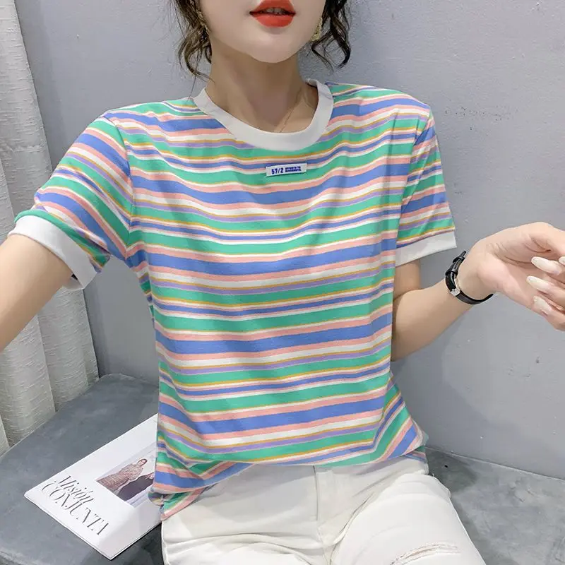 Summer Clothes for Women Multicolour Striped Printing Pullover T-Shirt Casual Round Neck 100% Cotton Short Sleeve Loose Tops