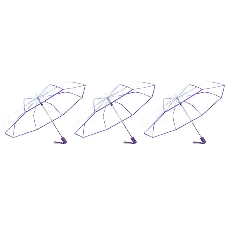 

3X Transparent Umbrella Automatic Umbrella Rain Women Men Sun Rain Auto Umbrella,Transparent & Purple Border