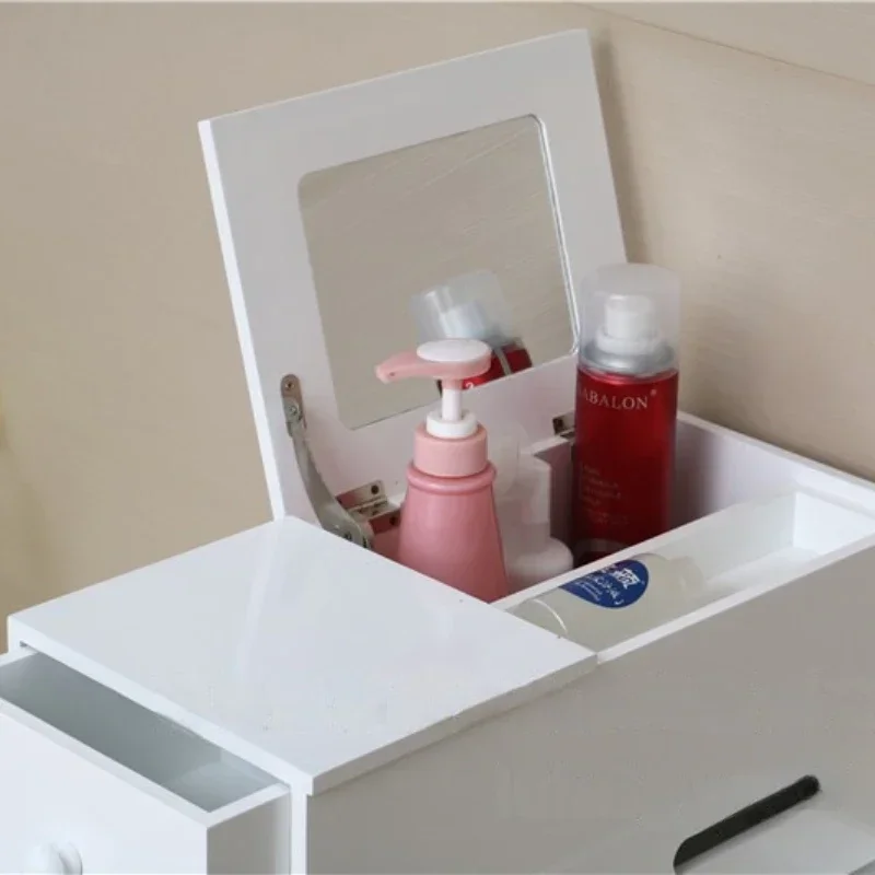 Movable Makeup Table Simple Dressing Table with Drawer & Makeup Mirror Space-saving Storage Cabinet Bedside Table for Bedroom